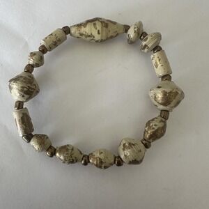 Artisan Ivory Paper Wrap Bead Stretch Bracelet Women Handmade Gold Tone Boho Eco